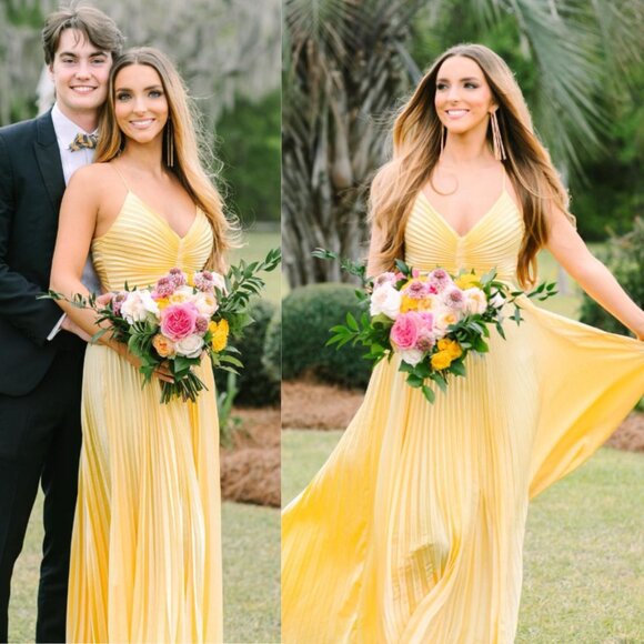 A.L.C. Aries Yellow Accordion Pleated Satin Cut Out Open Back Maxi Dress Gown 2 - Picture 12 of 14